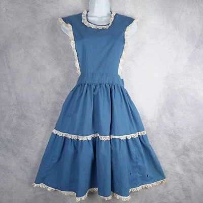 Vintage Pinafore Jumper Dress Womens Small Blue Lace Trim Modest Prairie FLAW - Image 1 of 4