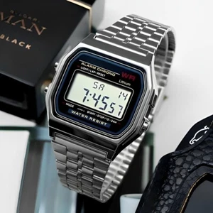 CLASSIC DIGITAL RETRO WATCH F-91W STYLE SPORT ALARM SILVER - Picture 1 of 6