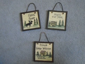 Set of 3 Cabin Signs 5"x 5" Wood Rustic Cabin Lodge Bathroom man cave Hunting - Picture 1 of 8