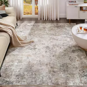 9X12 Area Rug Living Room Rugs - Washable Neutral Modern Abstract Soft Thin Larg - Picture 1 of 9