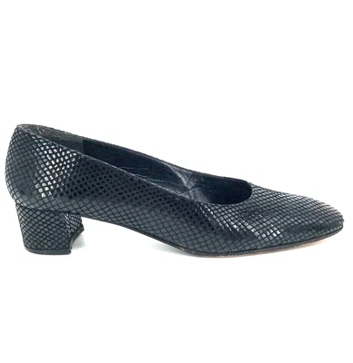 Womens 6.5 AAAA Narrow Stuart Weitzman Classic Pump Block Heel Black Snake Print - Image 1 of 4