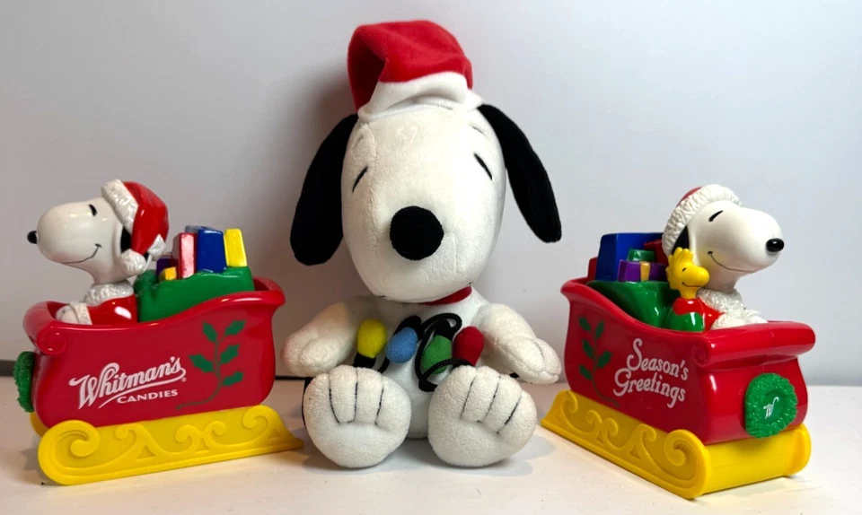 Peanuts Snoopy Christmas Lot Hallmark Plush + 2 Whitman’s Sleigh Coin Banks - Image 1 of 4