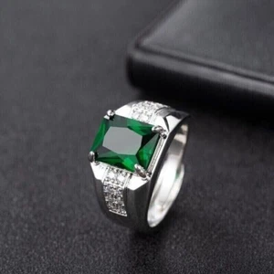 Green Emerald 3Ct Emerald Simulated Men's Wedding Ring 14K White Gold Plated - Picture 1 of 8