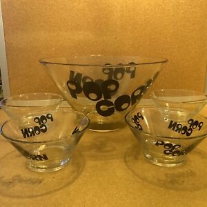 5 Pc Vintage WHEATON Glass Popcorn Bowl Black Writing MCM Family Movie Night