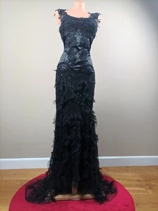 Women's Handmade Black Evening Party Long Mermaid Dress Lace Application Size XS - Picture 1 of 18