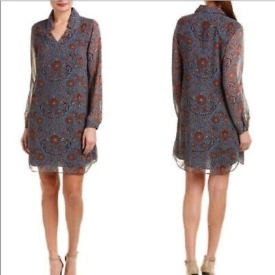 CABI Provincial Blue Brown Floral Paisley Sheer Long Sleeve Shift Mini Dress XS - Image 1 of 4