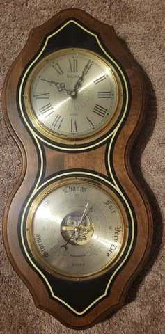 NICE Victorian Wall Clock Barometer On Wood Brass - CLOCK WORKS Cover