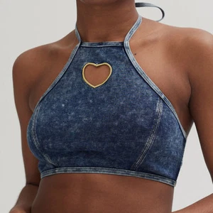 ASOS Lazy Oaf Women Jeans Halter Bikini Top blue denim Gold Heart NWT Sz Large - Picture 1 of 6