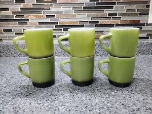 Set 6 tazze impilabili vintage Anchor Hocking Fire-King base a costine verde e nera - Foto 1 di 7