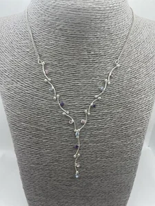 Avon Silver Tone Y Drop Bar Link Beaded Necklace Purple & Blue Gems Dainty - Picture 1 of 8