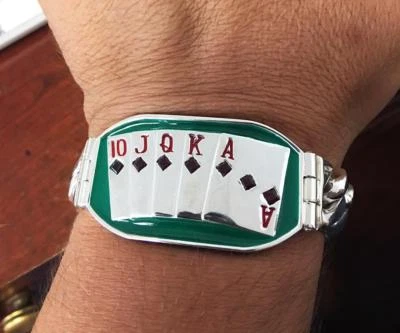 Cavalli Del Mar Sterling Silver Royal Flush Poker Curb Cuban Link Bracelet Ruby - Image 1 of 4