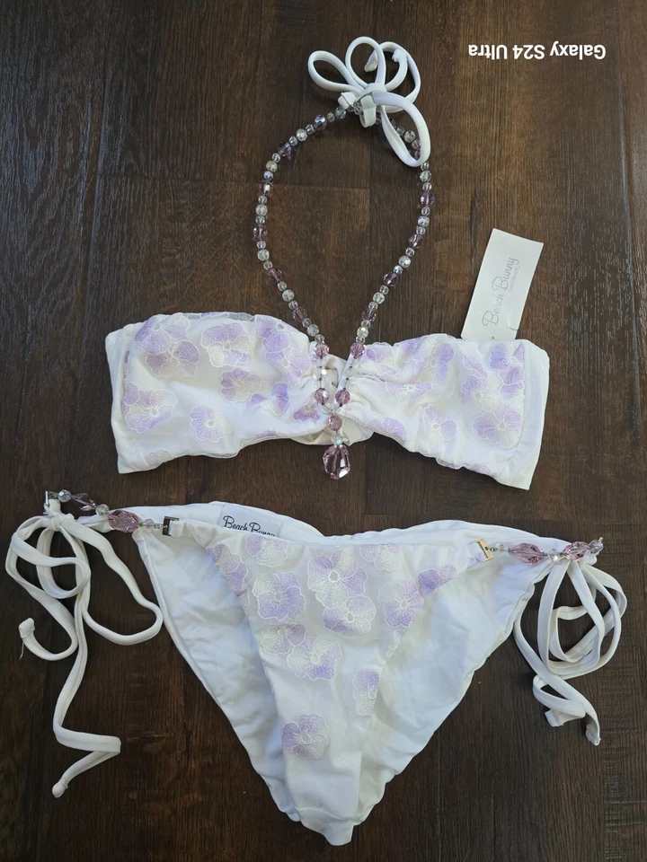 NWT BEACH BUNNY SWIMWEAR Best Of My Love Bandeau Top XS Bottom L White Lavender - Image 1 of 4