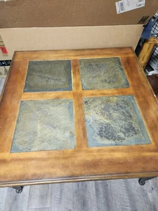 Wood and Slate coffee and end tables with rot iron legs. Set of 3 - Picture 1 of 5