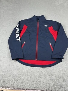 Ariat Team Softshell Jacket Mens M Small* Blue Red Full Zip Spellout Logo LINED - Picture 1 of 13