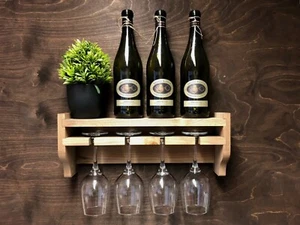 Wine Shelf Bottle & 4 Glass Holder Wall Display Rustic Wooden Home Bar (WS)EM - Picture 1 of 7