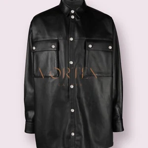 Mens Real Black Leather Shirt Soft Lambskin Cargo Pocket Style Motorbiker Shirt - Picture 1 of 5