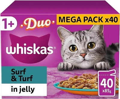 40x 85g Whiskas  Duo Surf and  1+ Adult Cat Food Pouches Mixed in Jelly - Image 1 of 4