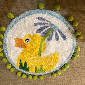 Vintage Baumwolle Chenille Badteppich Ente grün gelb orange rund mit Bommeln 25" dis - Bild 1 von 6