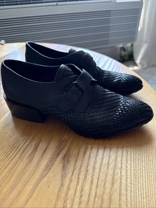 Pour La Victoire Hila Leather Shoes 9.5 Black Woven Oxford Buckle Strap Loafers - Picture 1 of 4