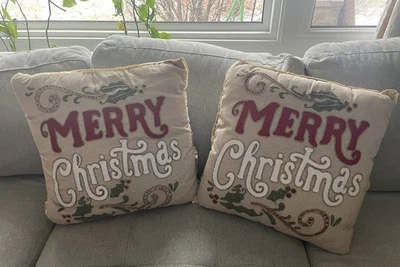 Pier One Embroidered Gold Beaded Sequin Pillows Merry Christmas Holiday Decor - Image 1 of 4
