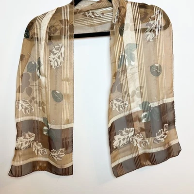 Sheer Beige Brown Leaf Print Scarf Lightweight Elegant Neutral Accessory 52"X10" - Image 1 of 4