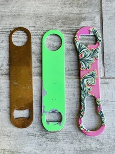 Lot Set of 3 Stainless Steel Beer Bottle Opener Bar Blades Gold Neon Pink Floral - Picture 1 of 3