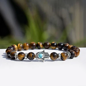 Hamsa Hand von Fatima natürliche Lava Tigerauge Stein Silber Perlen Glücksarmbänder - Bild 1 von 8