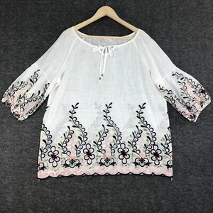 Kindred Anthropologie Top Women Extra Large White Floral Embroidery 3/4 Sleeve - Picture 1 of 12