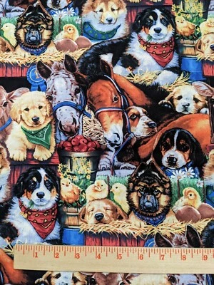 29" Puppies At The Barn Cotton Fabric Labrador beagle Horse Cow Quilt Sew  - Image 1 of 4