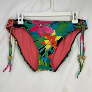 Athena Womens 8 Bikini Swim Suit Bottoms Multi Color Floral Side Ties Wood Beads - Picture 1 of 7