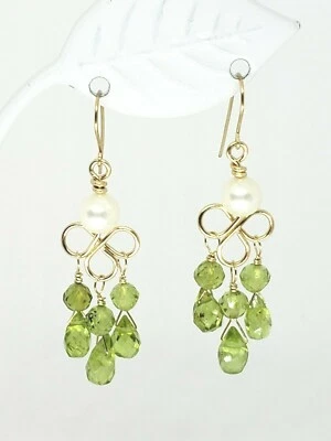 14k Yellow Gold Peridot Briolette and Pearl Chandelier Dangle Earrings - Image 1 of 4