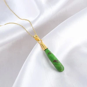 Natural Green Turquoise 7x30mm Long Drop Pendant Oval Link 18" Chain Necklace - Picture 1 of 6