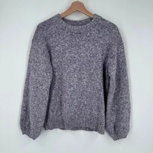 J. Crew Puff Sleeve Crewneck Sweater Medium Purple Knit Cotton Lien - Picture 1 of 11