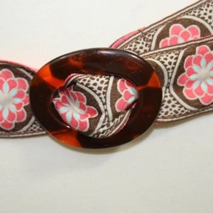 Vintage Floral Embroidered Belt With Tortoise Shell Buckle Fit Pink & Brown Desi - Picture 1 of 5