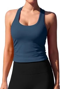 ATTRACO WOMEN SZ M RIBBED CROP TOP BUILT BRA YOGA RACERBACK STRETCH - NAVY BLUE - Picture 1 of 5