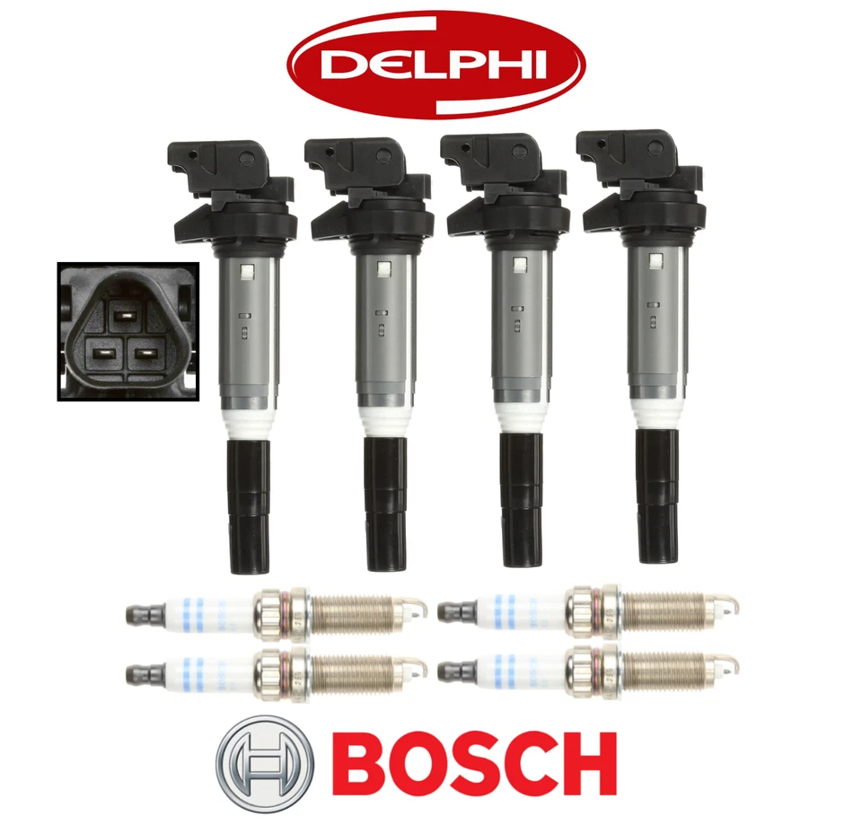 Bobina de encendido Delphi + bujía doble platino Bosch (4 juegos) OEM para BMW 2,0 L Foto 1 de 1