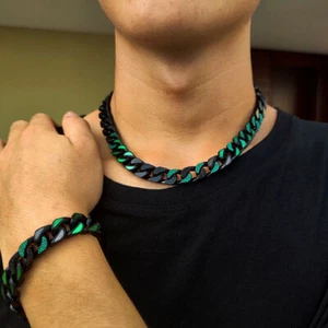 Hip Hop Party Schwarz Grün Öl Tropf Edelstahl Kubanische Kette Halskette Schmuck - Bild 1 von 19