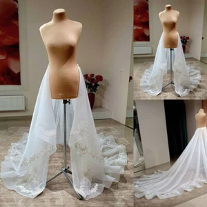Glitter Organza Detachable Train Wedding Removable Skirt Lace Applique - Picture 1 of 5