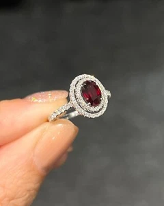 Mom birthday gift ring Red Garnet Oval &moissanite round shape pure silver ring. - Picture 1 of 4