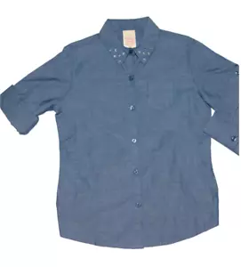 GIRLS SIZE XL 14-16 MEDIUM CHAMBRAY 3/4 ROLL UP SLEEVE COTTON SHIRT FADED GLORY - Picture 1 of 5