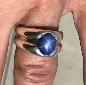 MJG STERLING SILVER GROOVED MEN'S RING. 9 X 11mm LAB BLUE STAR SAPPHIRE. SZ 9.5