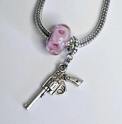 Dije colgante revólver pistola plata cuentas cristal de Murano para pulsera europea 2 piezas Foto 1 de 4