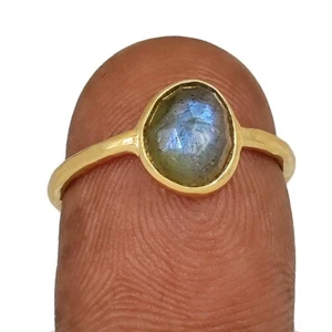 18k Gold Vermeil - Natural Labradorite - Madagascar 925 Silver Ring s.6 CR72828 - Picture 1 of 1