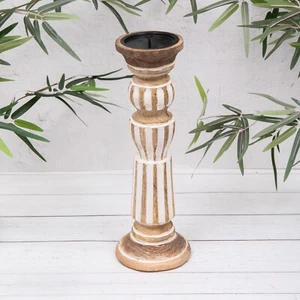 Large Natural Carved Wood Candlestick White Washed Rustic Pillar Candle Holder - Picture 1 of 4