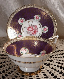 Taza de té y platillo Royal Stafford púrpura y dorado ornamentado ¡Belleza de coleccionista! - Imagen 1 de 9