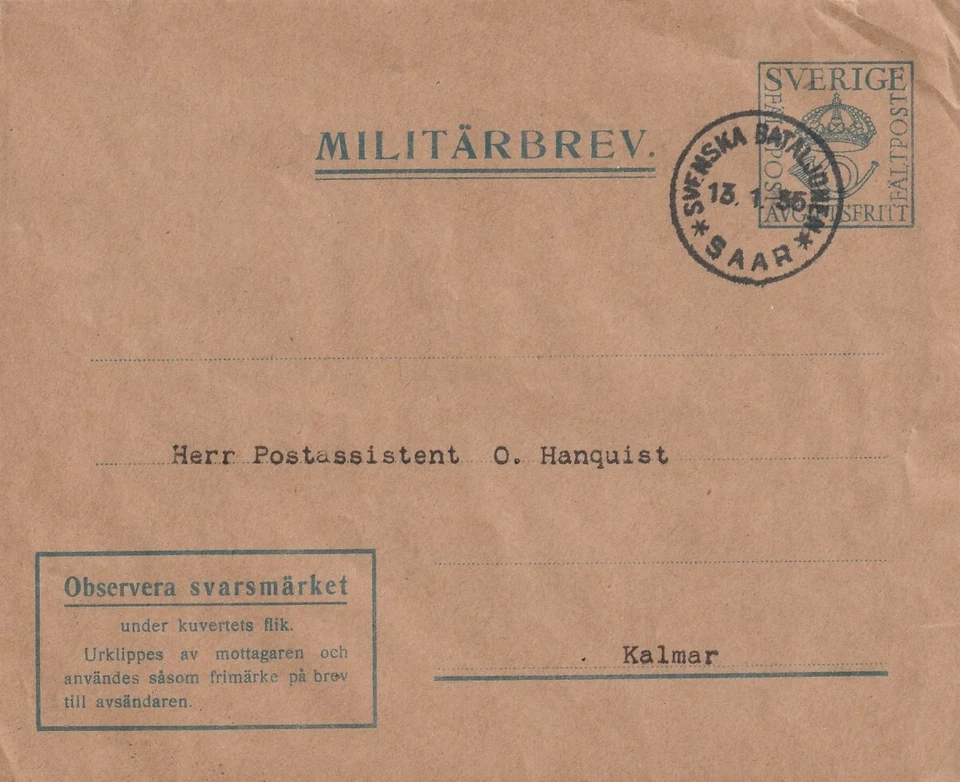 SWEDEN/SAAR: Swedish Battalion in SAAR 1935 cancellation on military cover. - Image 1 of 1