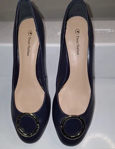 Trent Nathan Leather Navy Blue Block Heel Court Work Shoe Pump Size 8 EU 39 New - Picture 1 of 15