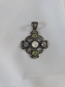 Suarti BA 925 Sterling Silver & 18K Gold Topaz Peridot MOP Cross Pendant 2" - Picture 1 of 8