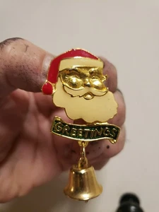 Vintage Santa Christmas Brooch Pin Enamel Gold Tone Bell Greetings Holiday - Picture 1 of 3