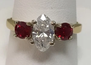 18k Yellow Gold Marquise Diamond 1.25ct 2 Round Rubies 1.04ct. Sz9 - Picture 1 of 4